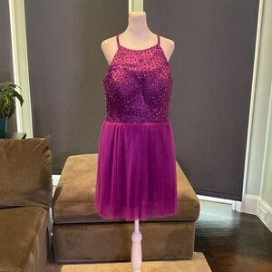 Women’s Short Purple Halter Neck Beaded Prom Party Homecoming Dress Size 14 NEW